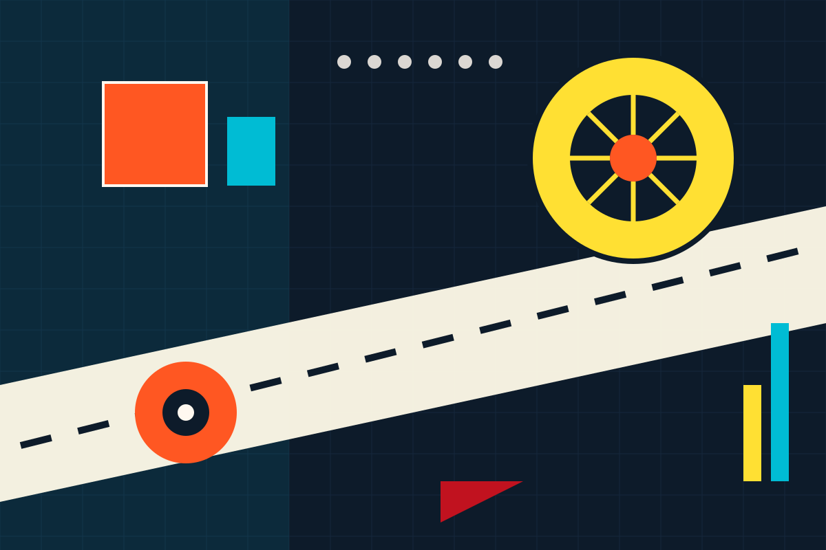 Swiss-style graphic of a wheel and an open road