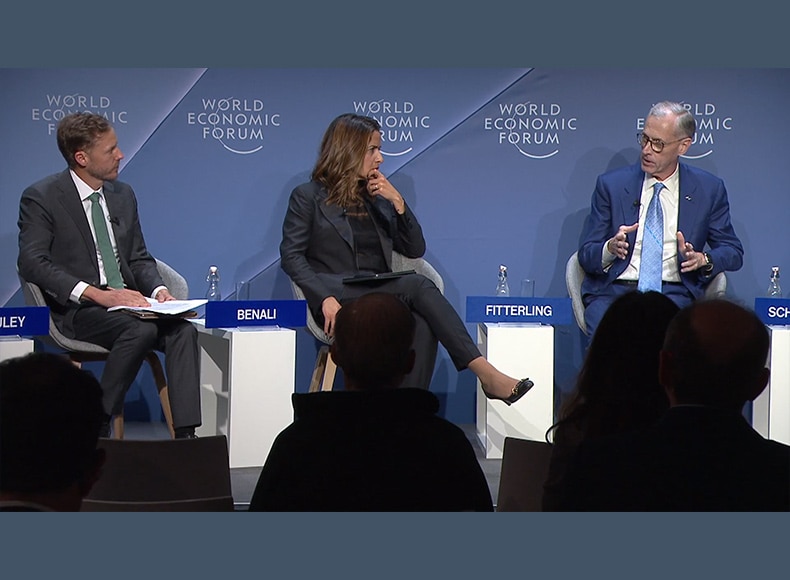 Jim Fitterling taking part in a panel discussion about a global plastics treaty at Davos