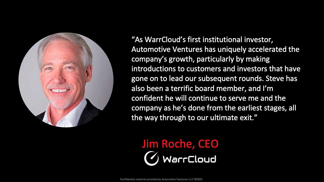 A WarrCloud press graphic featuring Jim Roche and his comments about Automotive Ventures