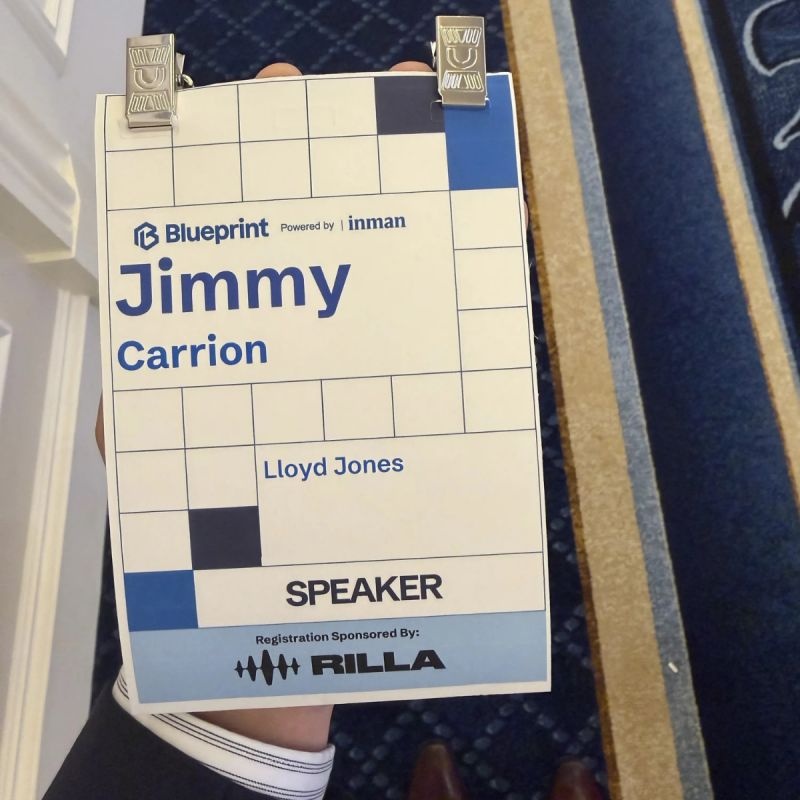 Jimmy Carrion’s Blueprint conference speaker badge, photographed in his hand