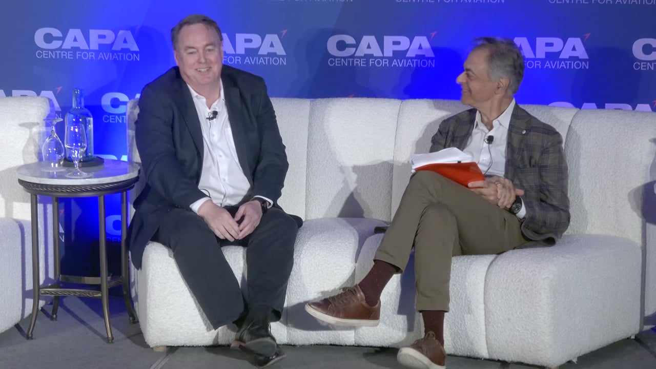 Jimmy Dempsey, left, in conversation with Michael Bell on stage at CAPA’s 2024 Americas summit