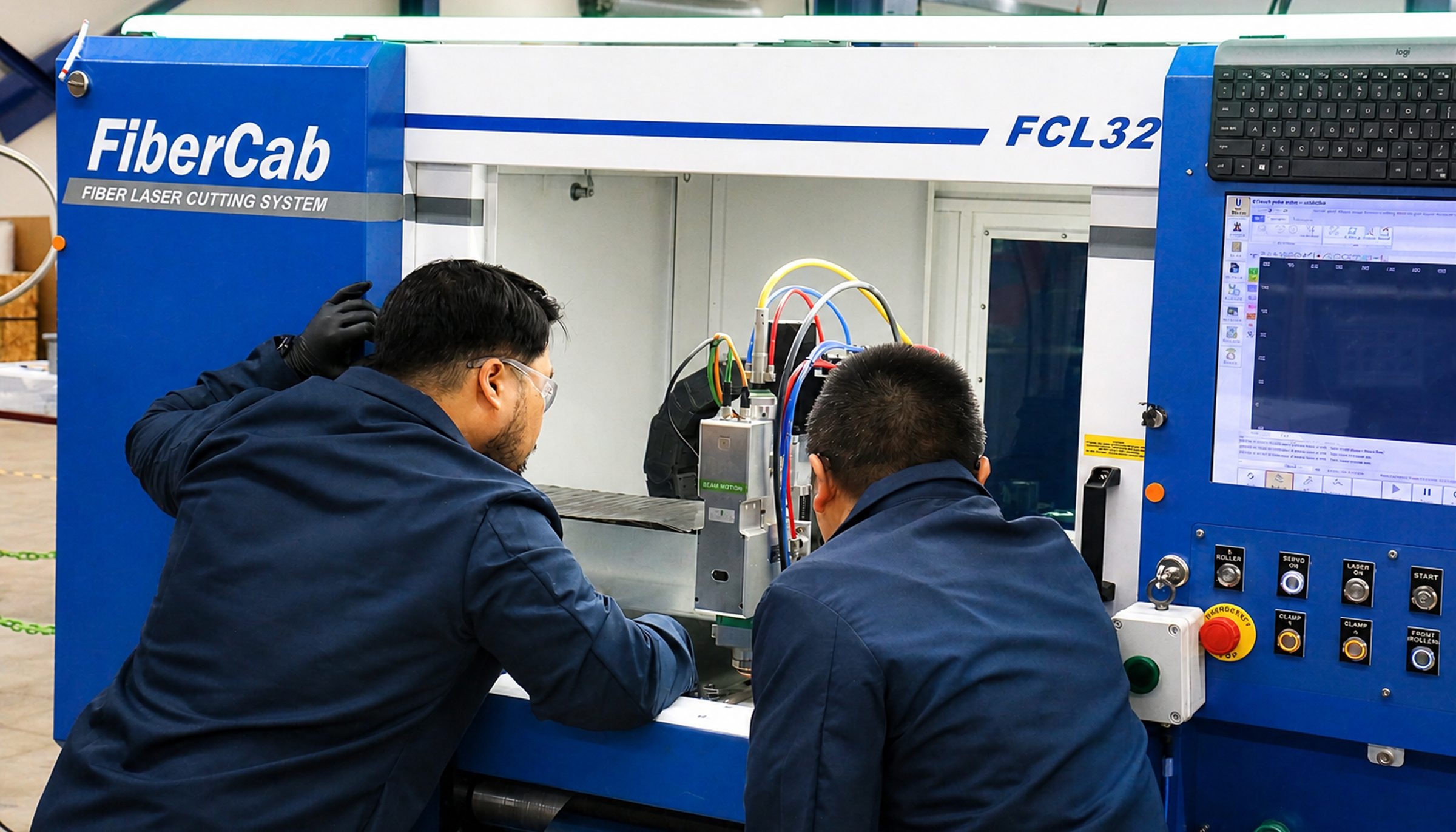 Two EVOLOH staff members in dark lab coats working at a large laser cutting machine