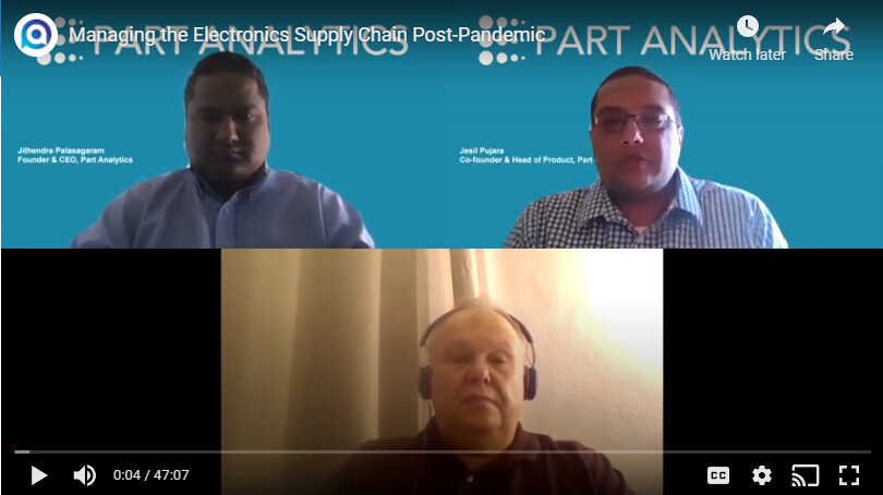 Jithendra Palasagaram and co-founder Jesil Pujara speaking with manufacturing adviser David Collins in an online supply-chain webinar