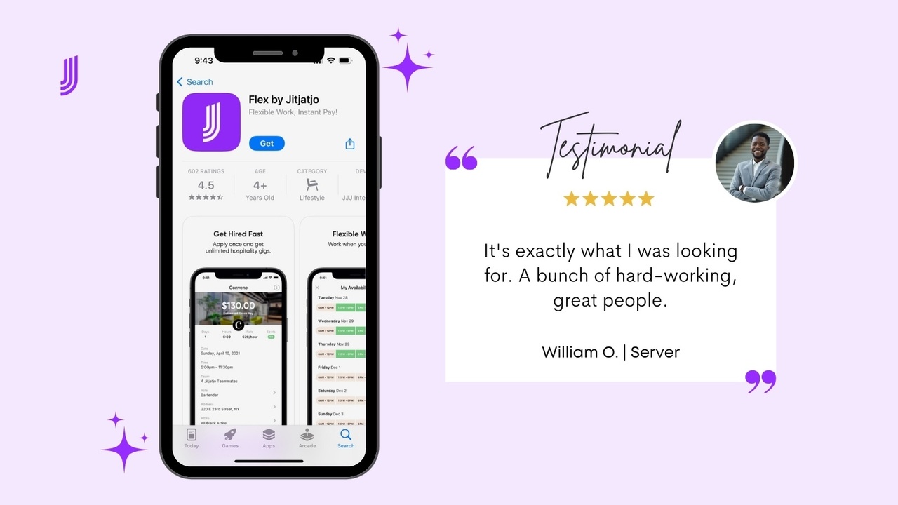 Jitjatjo Flex app shown on a phone beside a worker testimonial