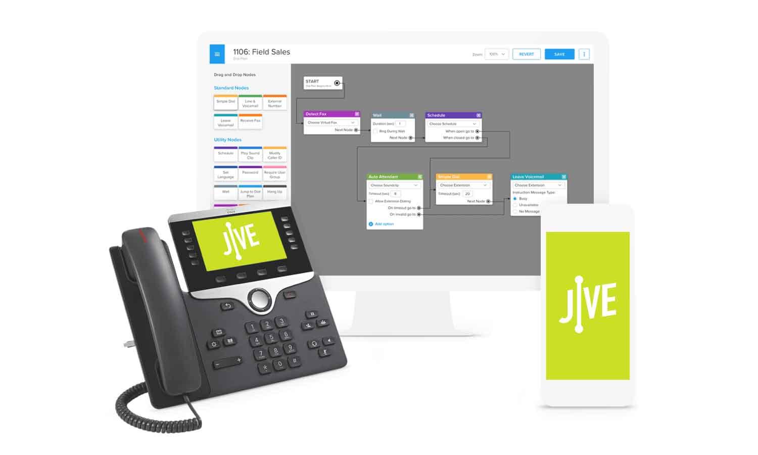 Historical Jive product illustration showing a desk phone, mobile phone and visual dial plan editor