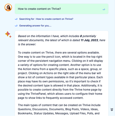 Jive CoPilot answering a question about creating content on Thrive, in a 2023 product screenshot