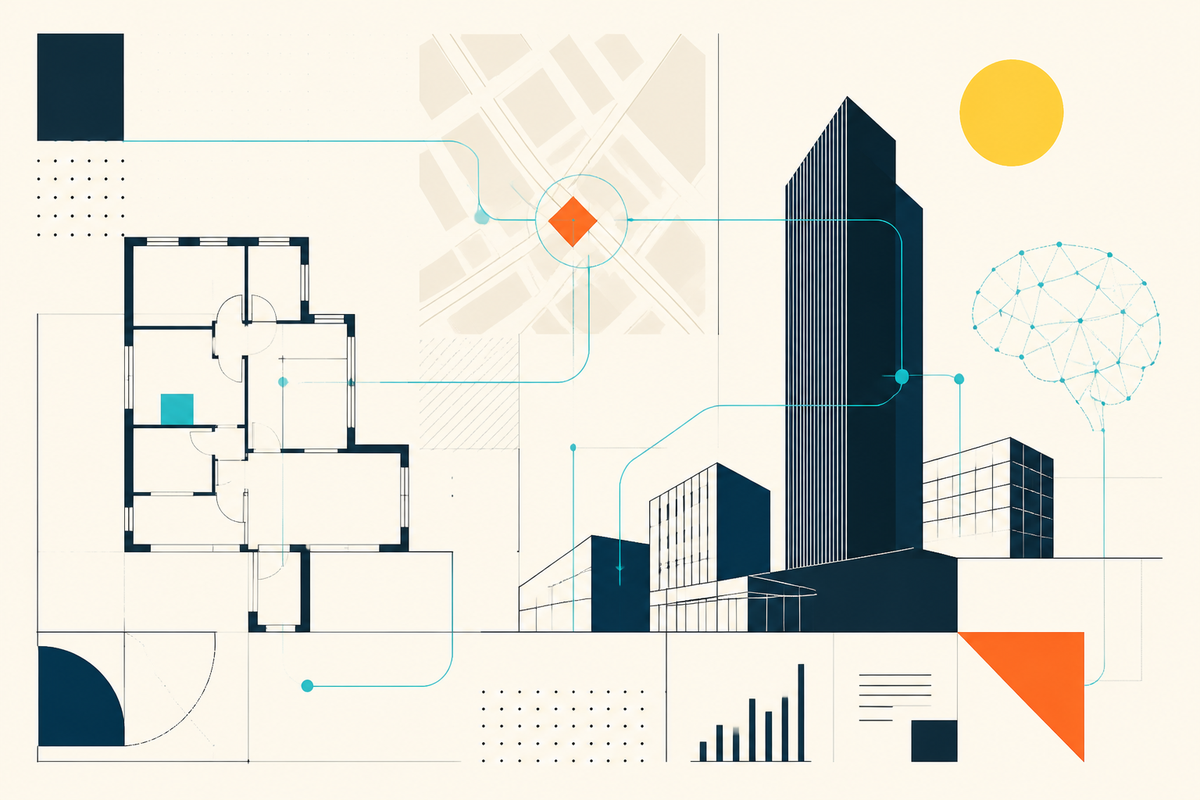 Abstract Swiss-style illustration connecting floor plans, a city map, buildings, data and analytics
