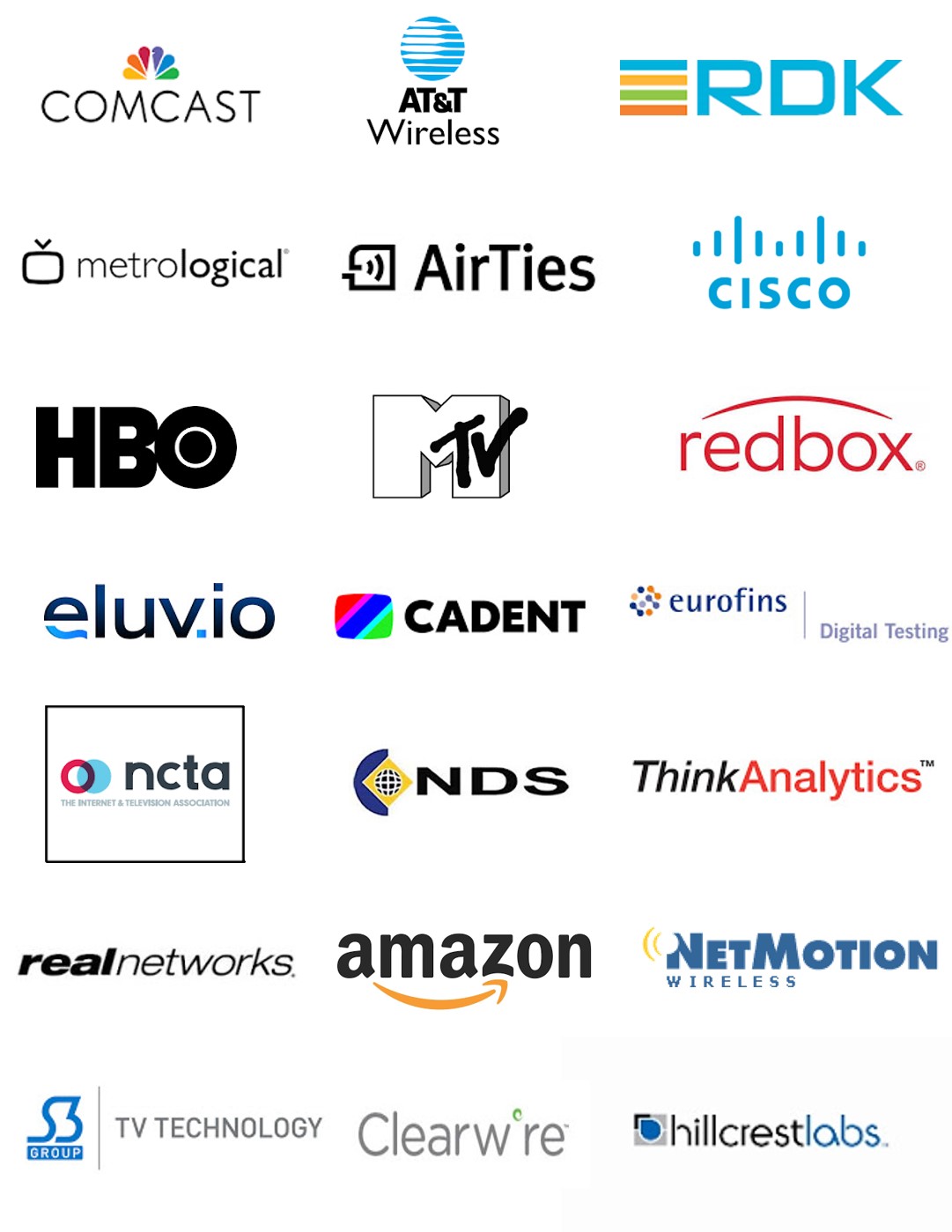 A montage of organizations in JLM Partners' client and in-house experience, including Comcast, AT&T Wireless, RDK, Airties, Cisco, HBO, MTV, Amazon, Clearwire and others