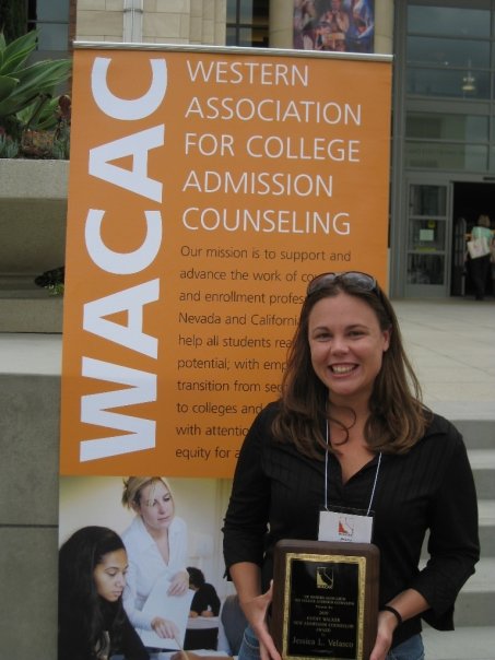 Jessica Velasco holding the WACAC Emery Walker New Admissions Counselor Award