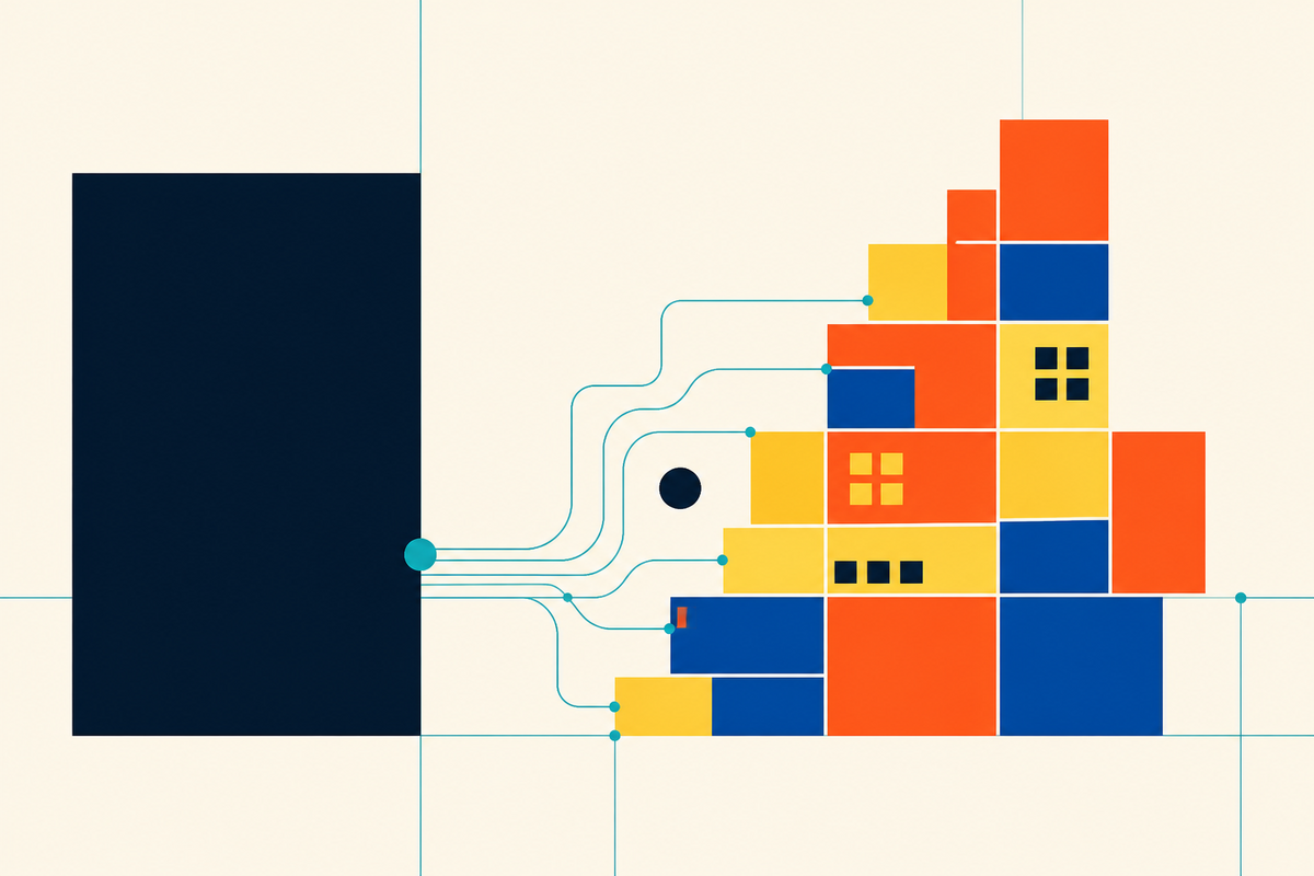 Abstract Swiss-style blocks connected by teal lines, representing capital flowing into growing software companies