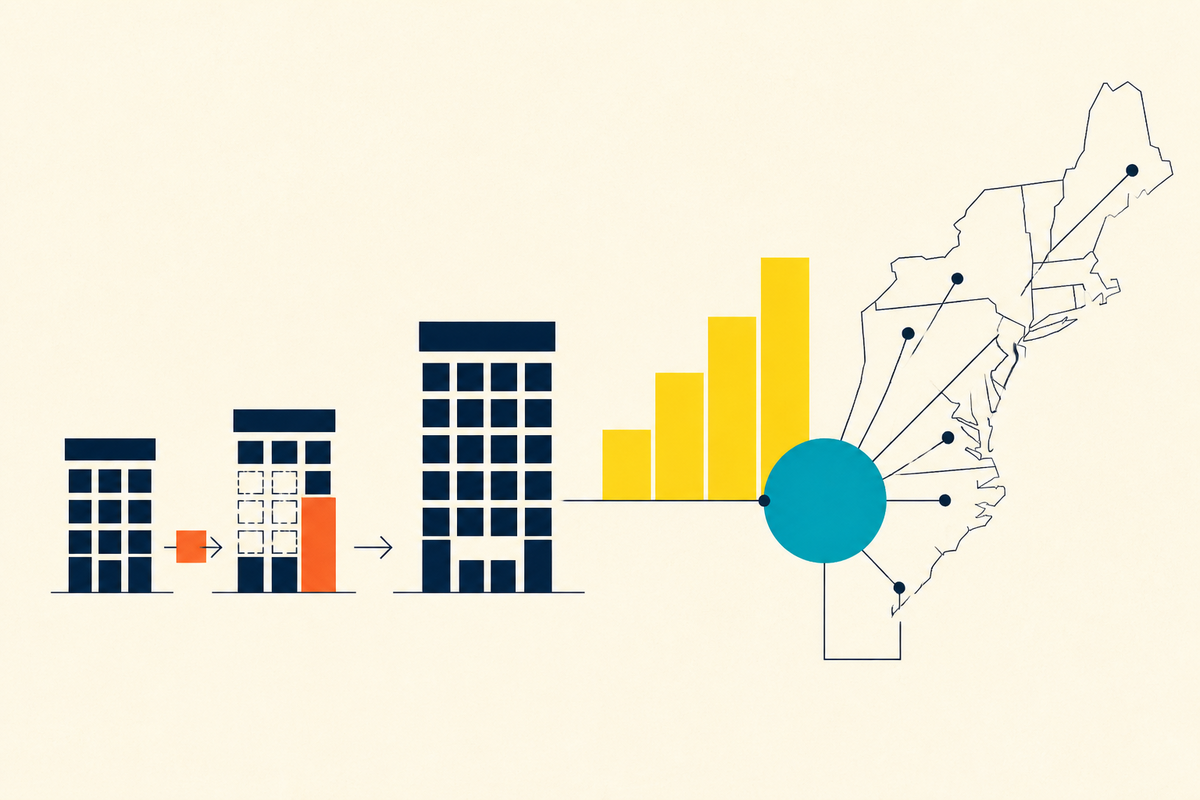 Abstract Swiss-style illustration of hotels being renovated and connected across New England