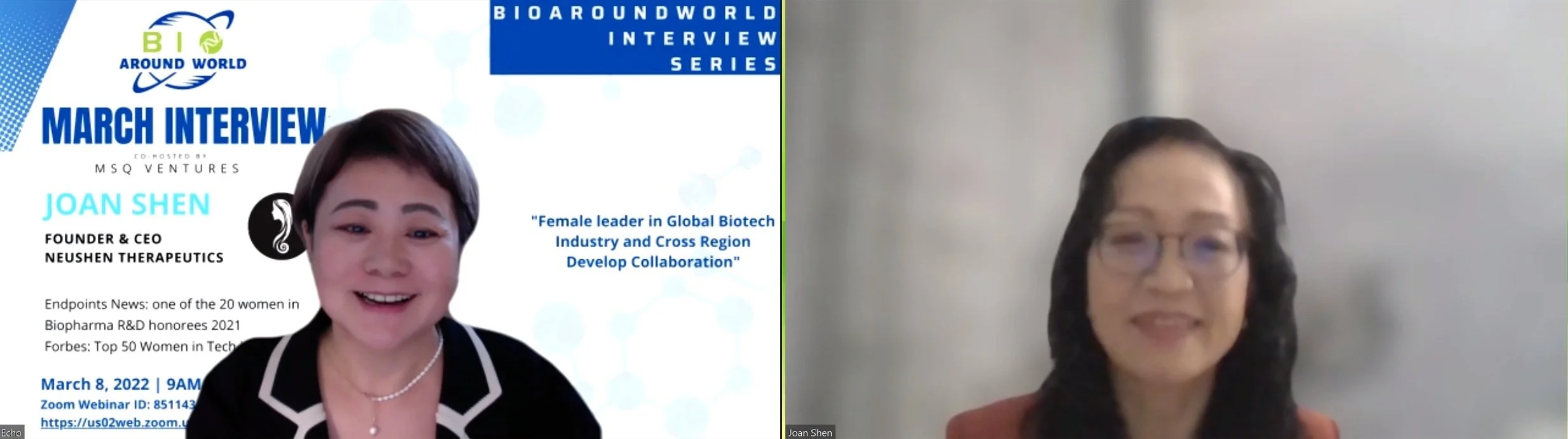 Joan Shen, on the right, speaking with Echo Hindle-Yang during a March 2022 online interview
