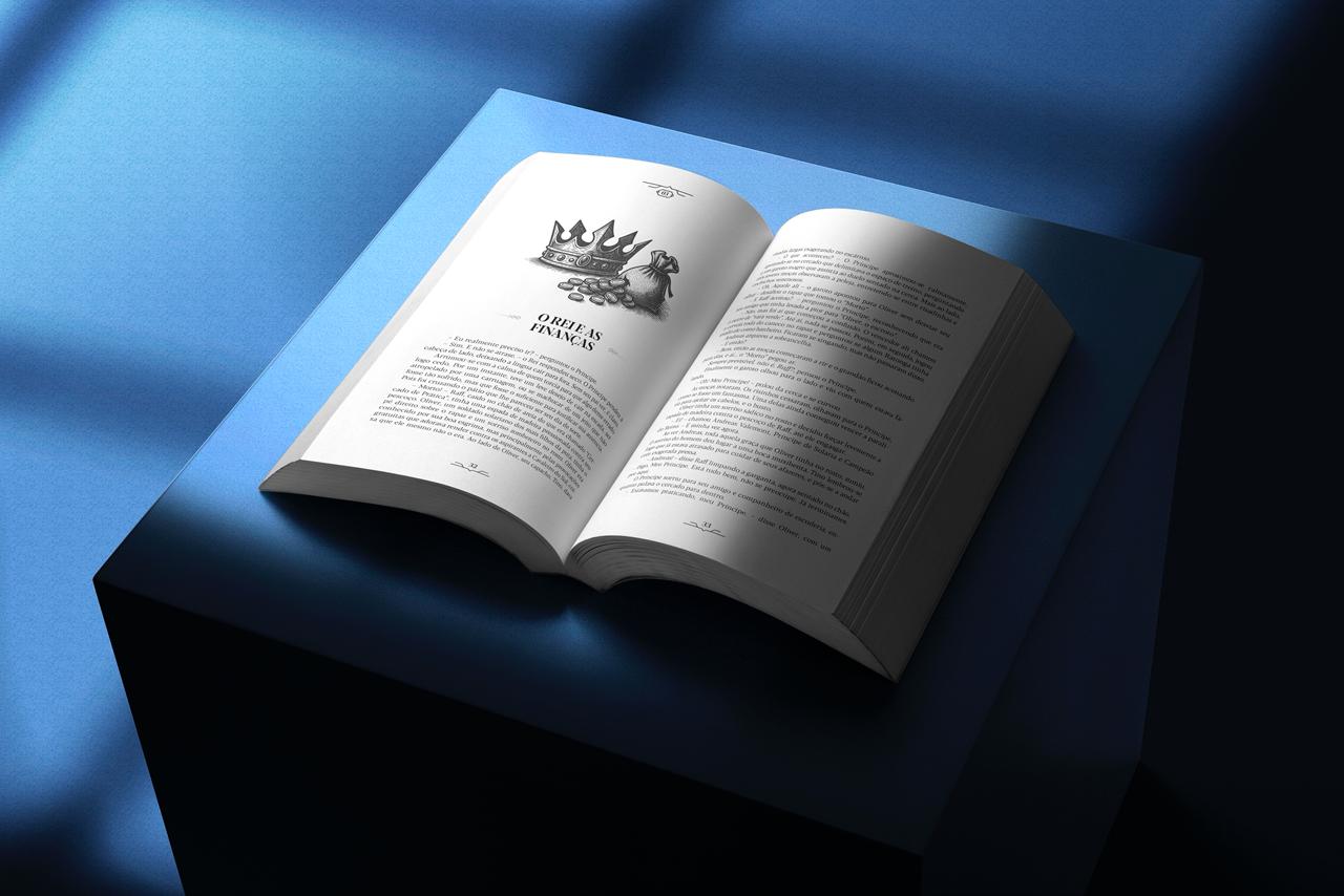 An open copy of Entre Ruínas e Reinos showing the illustrated chapter O Rei e as Finanças