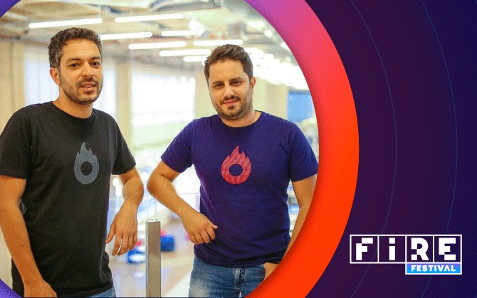 Hotmart cofounders Mateus Bicalho and João Pedro Resende in an office, pictured in a FIRE Festival graphic