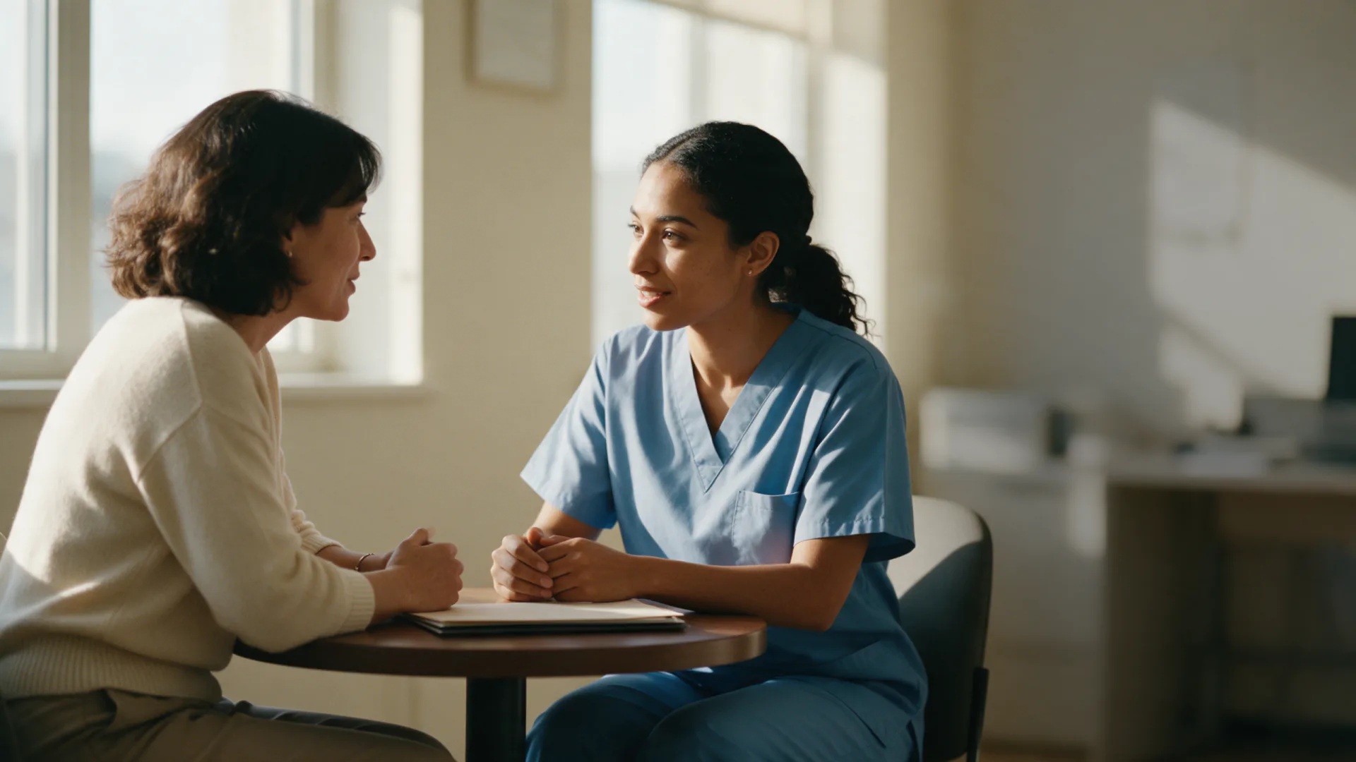 Job.com marketing image showing an interviewer speaking with a nurse candidate
