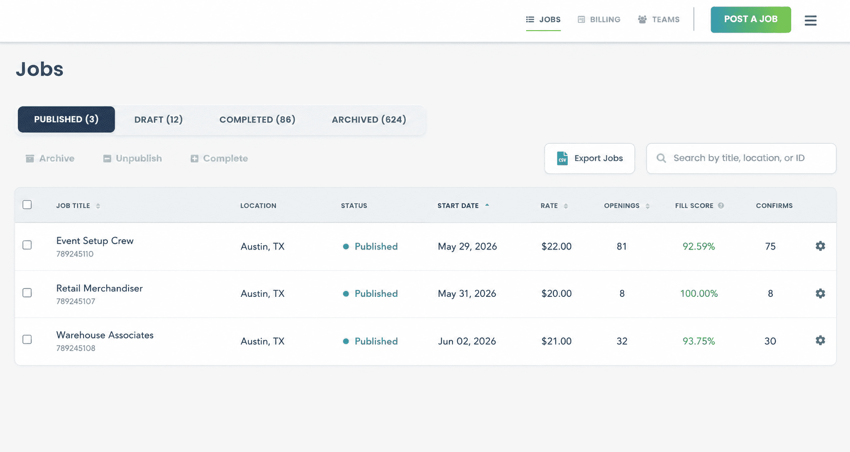 Jobble workforce dashboard for managing jobs and operational status