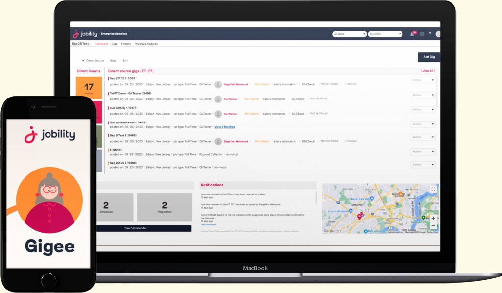 Jobility’s published product mockup showing its employer dashboard on a laptop and Gigee mobile screen