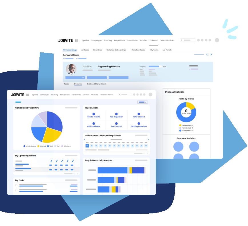 Jobvite applicant tracking dashboard showing recruiting activity and candidate information