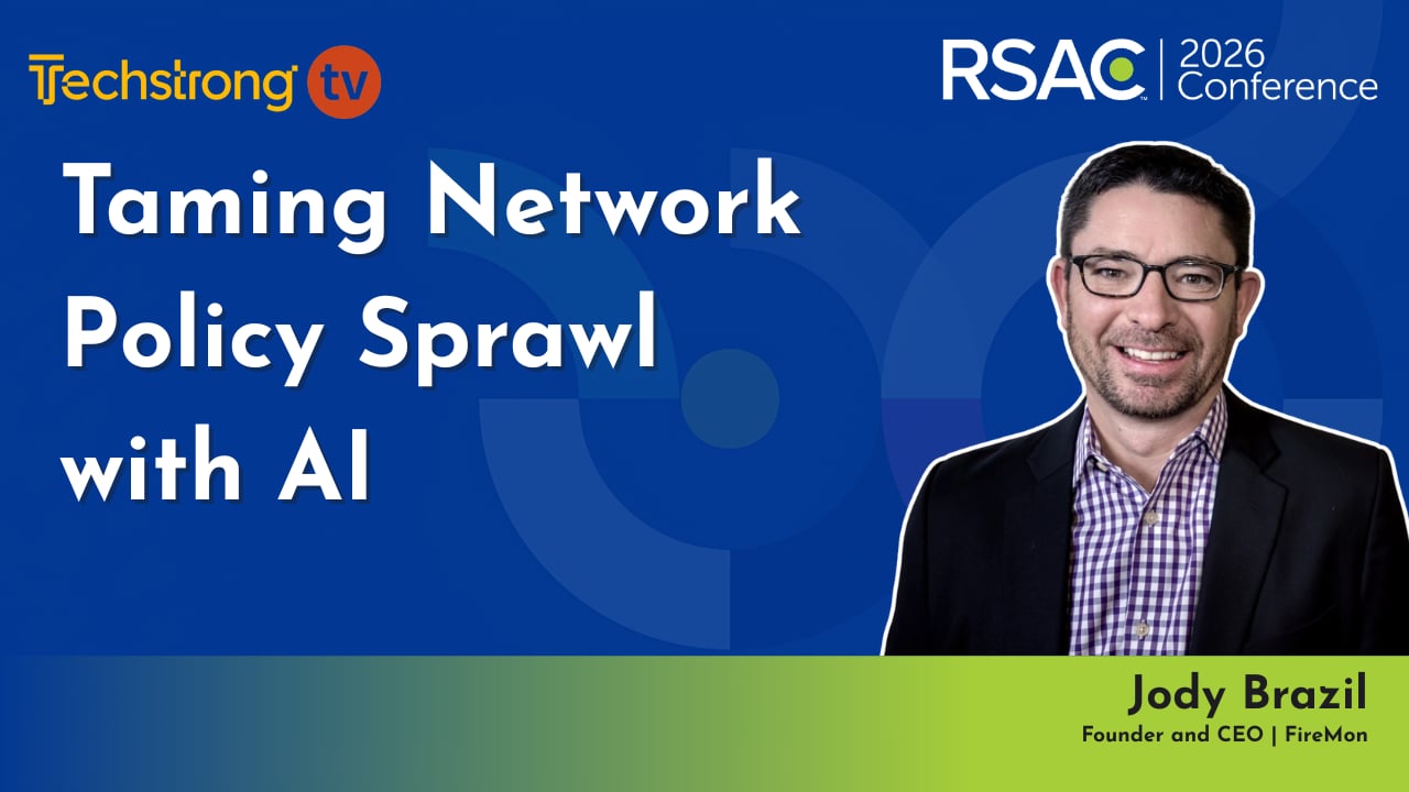 Techstrong TV’s RSAC 2026 interview image featuring Jody Brazil in glasses and a jacket.
