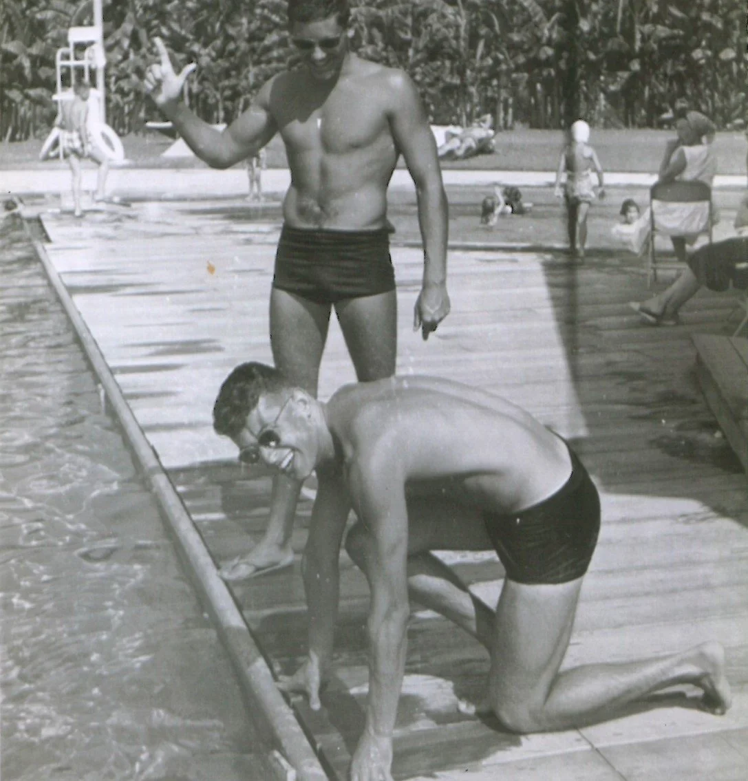 Archival poolside coaching photograph from Jody Grant’s swimming career