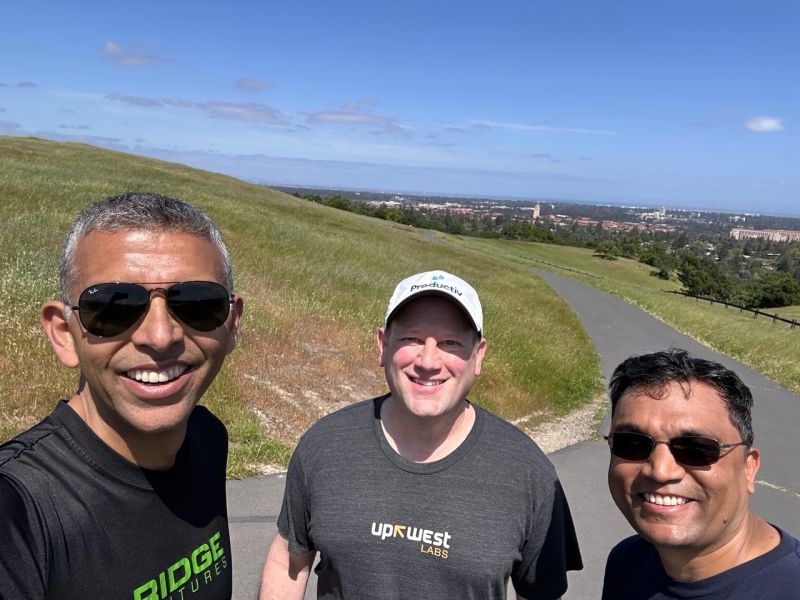 Productiv co-founders Munish Gandhi, Jody Shapiro and Ashish Aggarwal together on the Stanford Dish trail