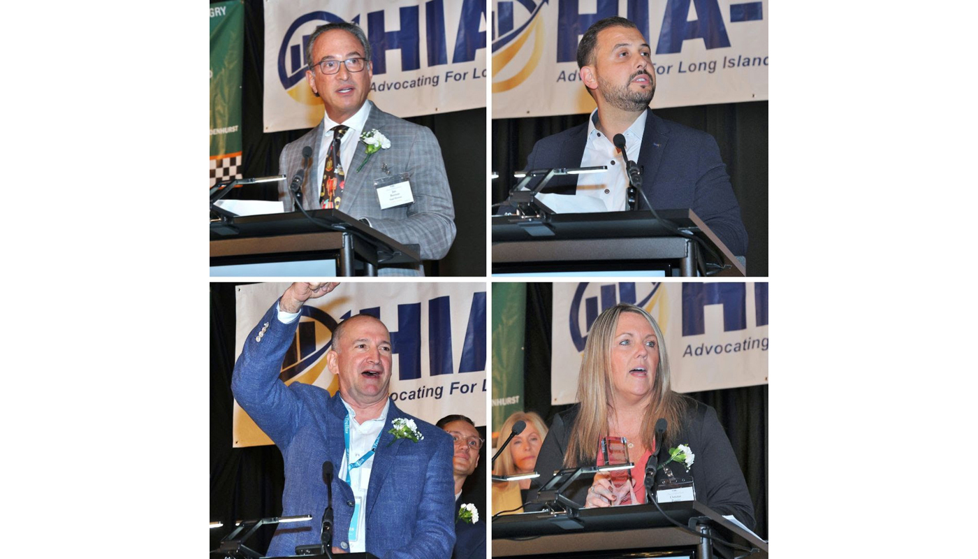 Joe Camberato speaking at the 2022 HIA-LI Business Achievement Awards alongside other honorees