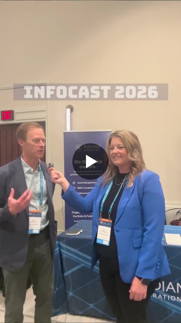 Joe Kastner, left, speaking with Kellie Macpherson at Infocast 2026 in a Radian Generation video still