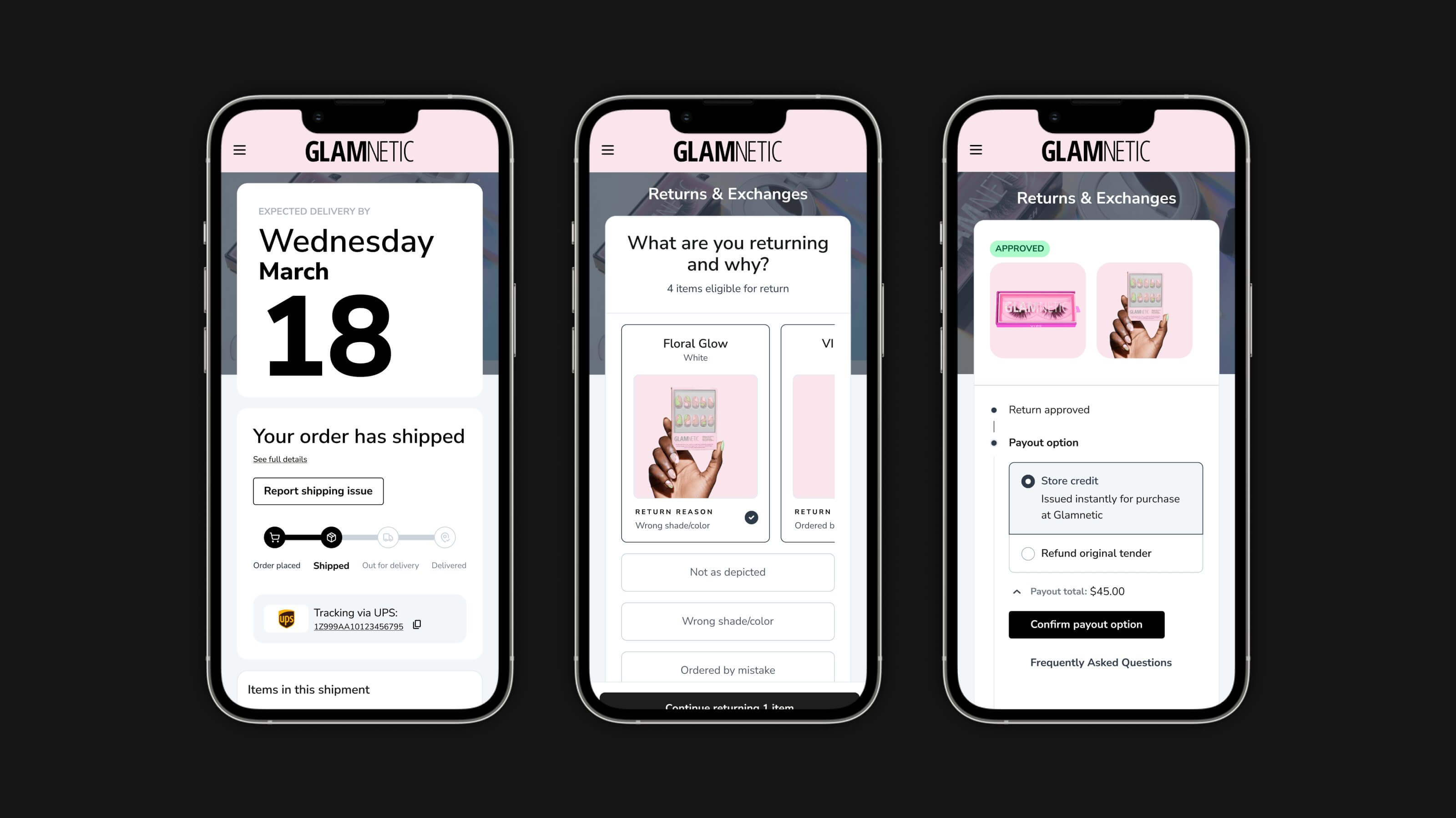 Three phone screens showing delivery tracking, a return flow, and an approved store-credit payout in Extend's platform