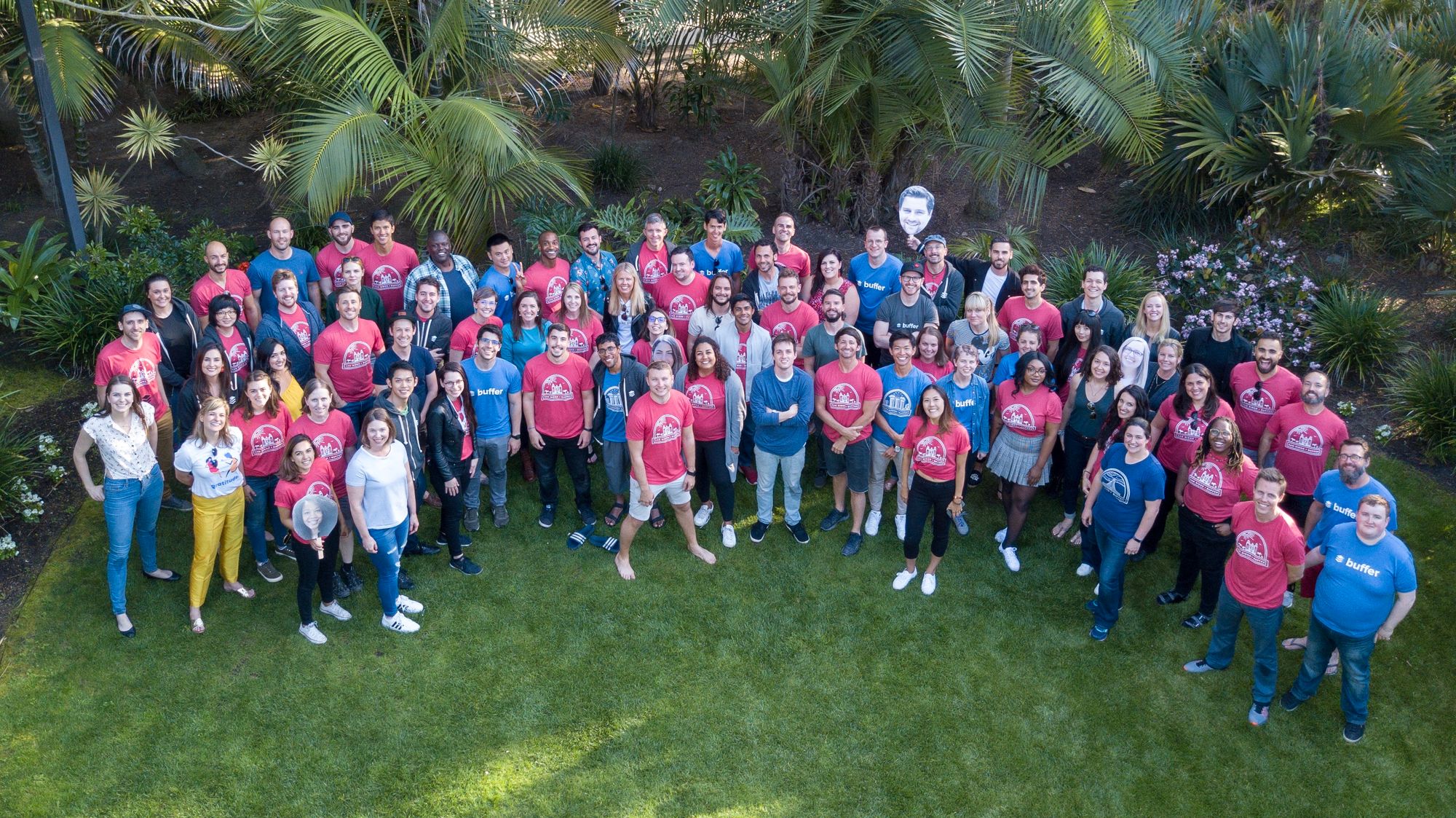 Joel Gascoigne and Buffer colleagues gathered outdoors for a team photograph