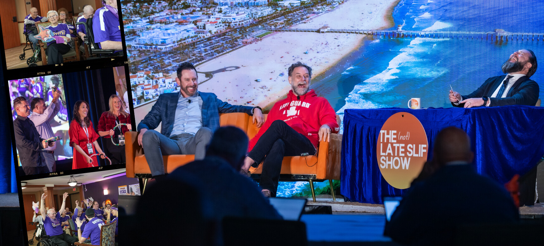 Joel Theisen and Dr. Bill Thomas laughing onstage during The (not) Late SLIF Show, with senior community competitors appearing in inset photographs