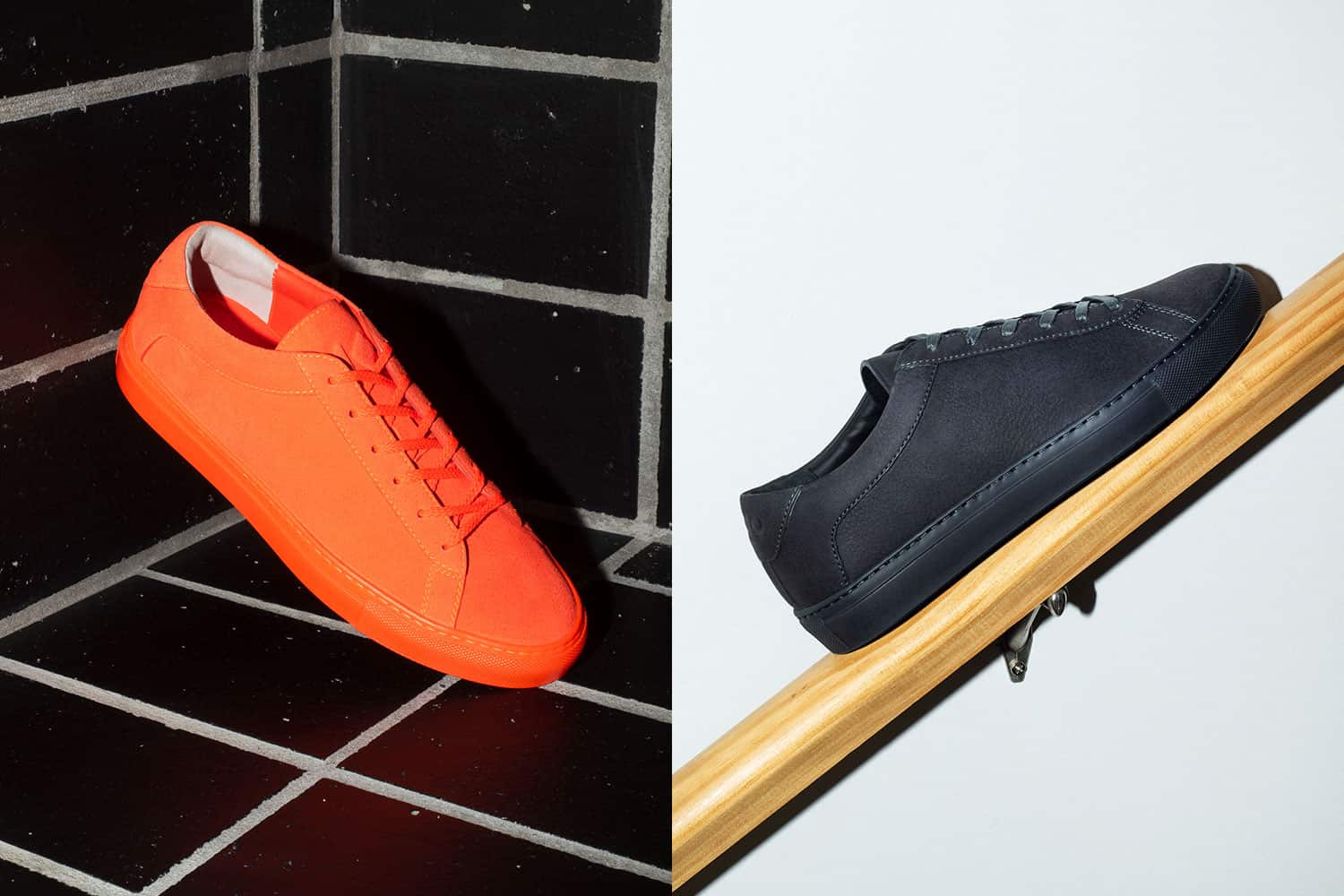 Orange and dark Koio low-top sneakers photographed for the fall 2019 collection
