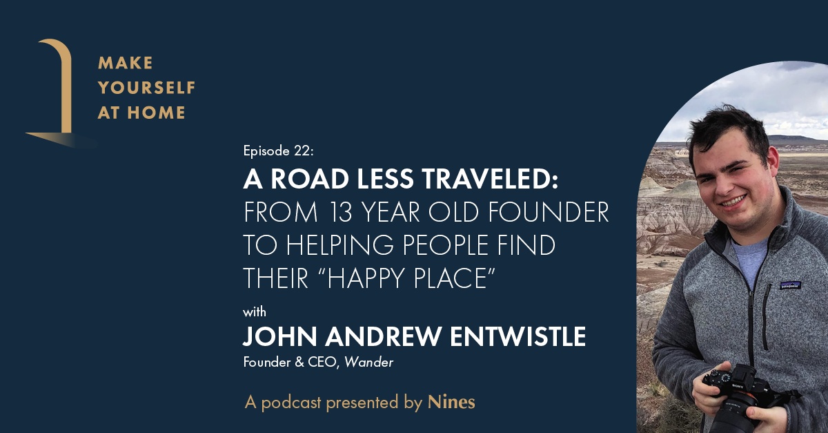 Nines podcast publicity artwork showing John Andrew Entwistle outdoors holding a camera