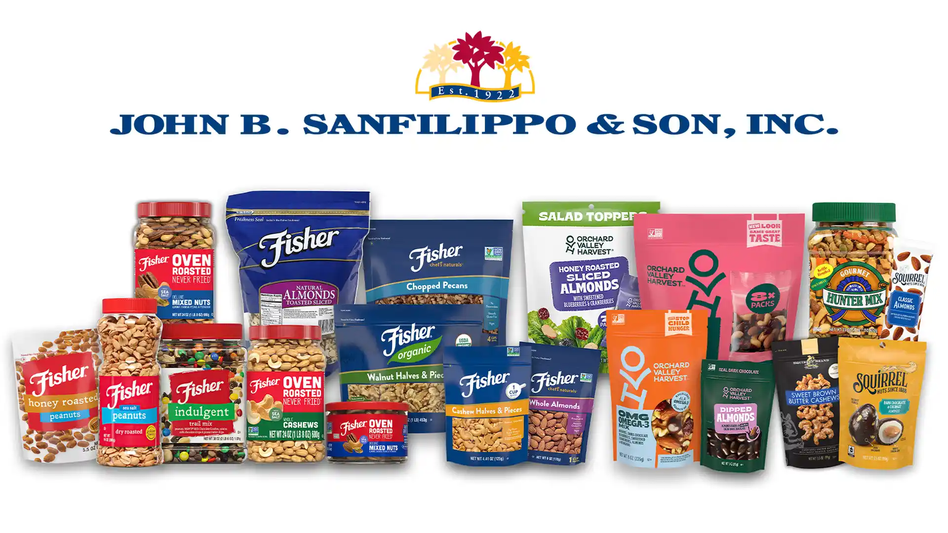 Fisher, Orchard Valley Harvest, Squirrel Brand and Southern Style Nuts products arranged together