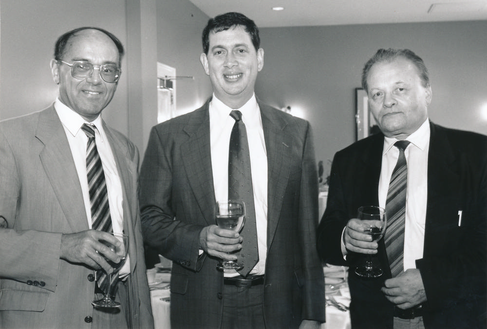 Erik De Clercq, John C. Martin and Antonín Holý standing together at Gilead in April 1996