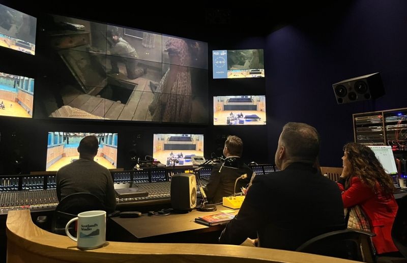 Visitors seated at the mixing console in Scotland’s Studio during the Cirrus Logic delegation’s RSNO visit