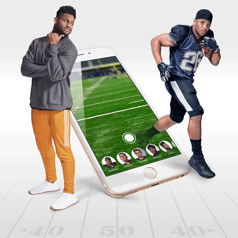 Play3D promotional artwork showing football players beside a phone displaying augmented reality