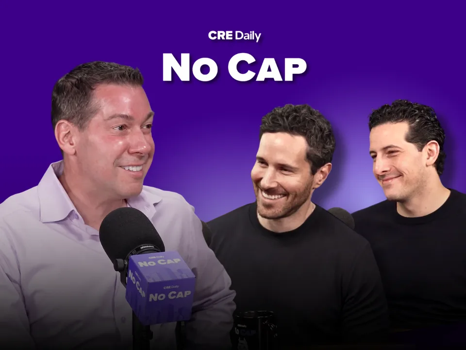 John Griggs, left, in CRE Daily’s No Cap episode artwork with hosts Alexander B. Gornik and Jack Stone
