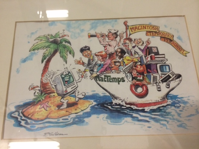 An early MacTemps cartoon of Macintosh specialists sailing toward a computer on an island