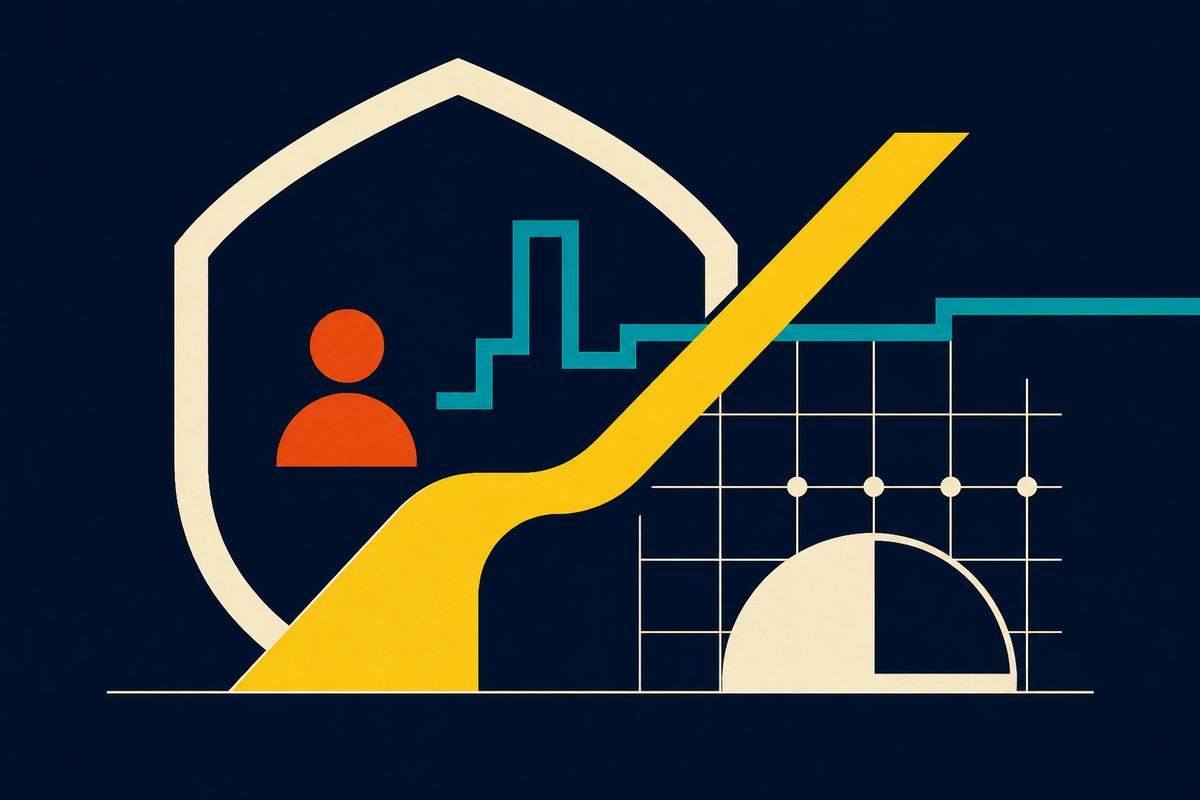 Abstract Swiss-style composition joining a protective arch, a rising path, a pulse line and a planning grid