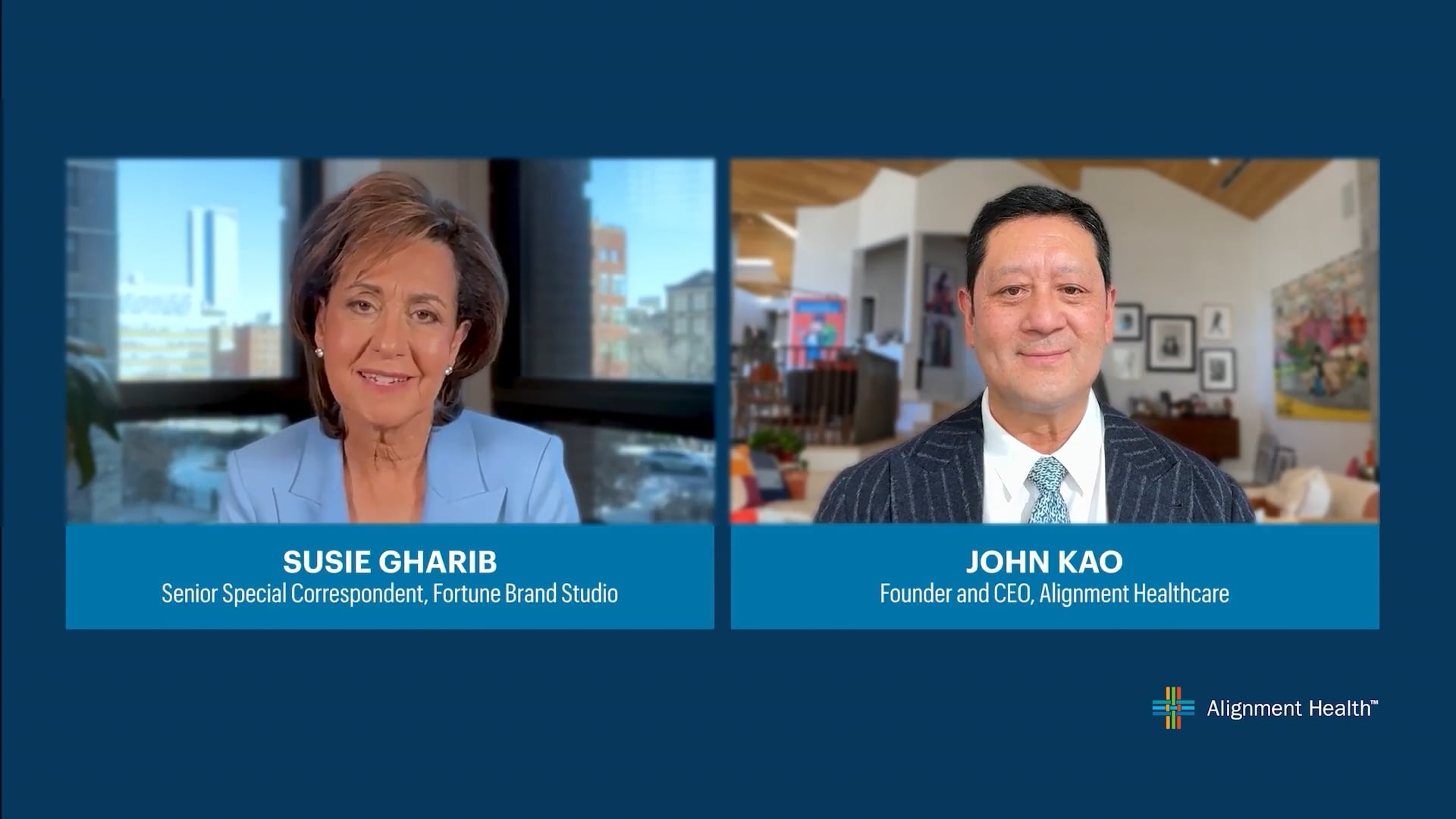 Susie Gharib and John Kao in a split-screen video interview