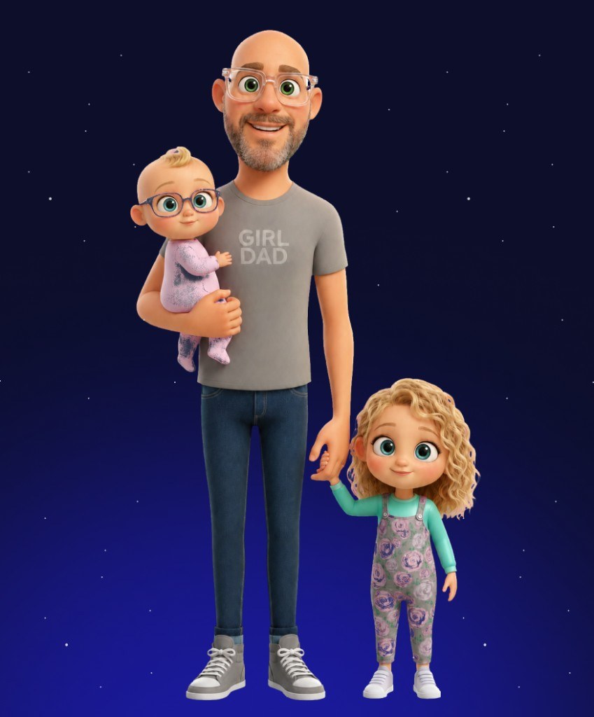 Giant's cartoon illustration of John Kobs with his two daughters