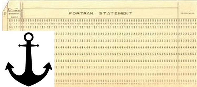 A Fortran punch card and anchor graphic from John Lunny’s programming memoir