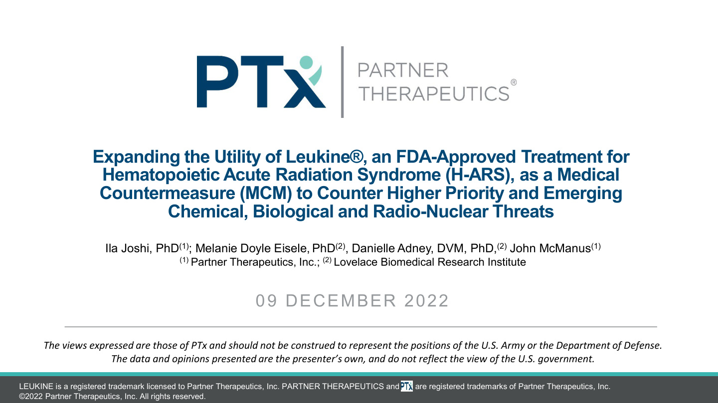 Cover of a Partner Therapeutics presentation coauthored by John McManus about expanding a medical countermeasure program