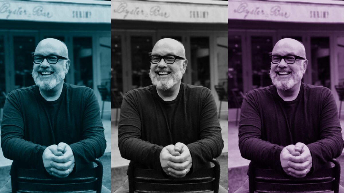 A three-panel portrait of John Montgomery smiling outside a Birmingham storefront