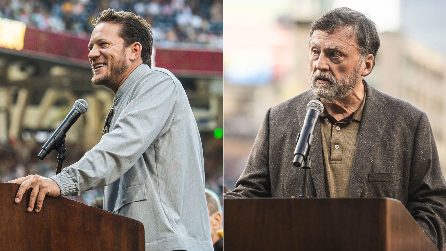 Jake Peavy, left, and John Moores, right, speaking at their Padres Hall of Fame induction