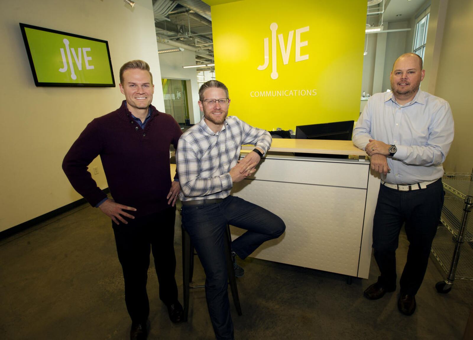 John Pope, Mike Sharp and Matthew Peterson standing in Jive’s Lindon office