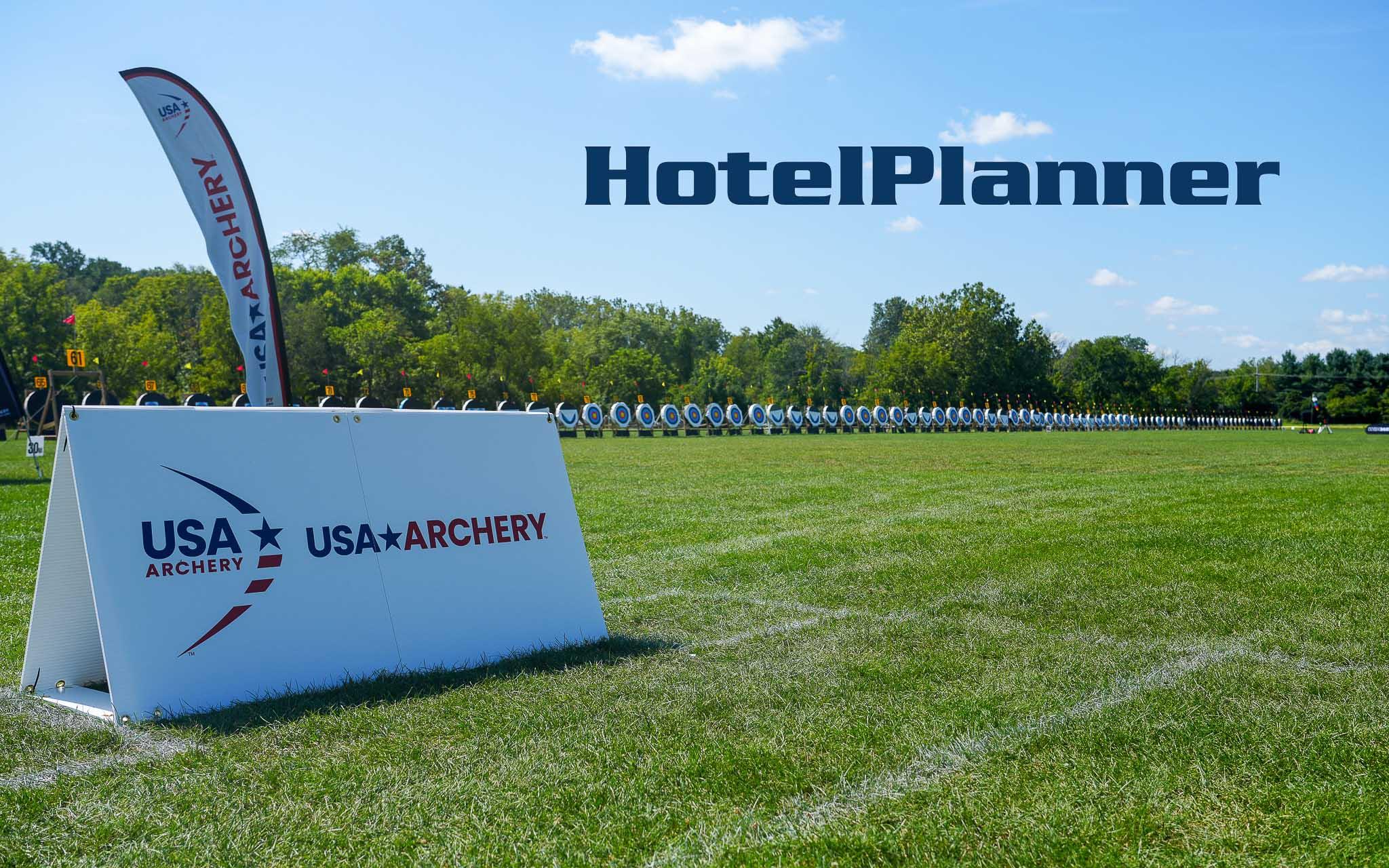 USA Archery sign beside an outdoor archery field in a HotelPlanner promotional photograph