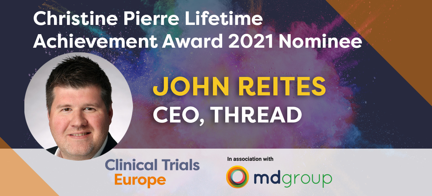 John Reites pictured in a graphic announcing his 2021 Christine Pierre Clinical Trials Lifetime Achievement Award nomination
