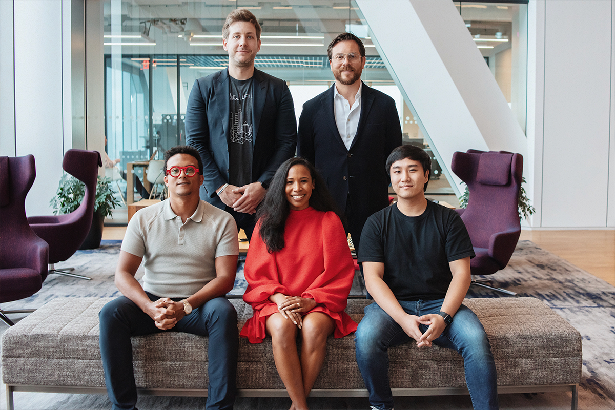 AnthologyAI colleagues at Comcast LIFT Labs, with Nick Hendra and John Roa standing behind Amarachi Miller, Latoya Bowlah and Milton Li