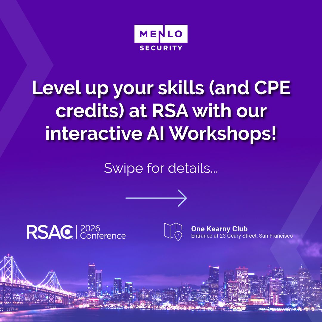 Menlo Security graphic inviting RSAC 2026 attendees to interactive AI workshops